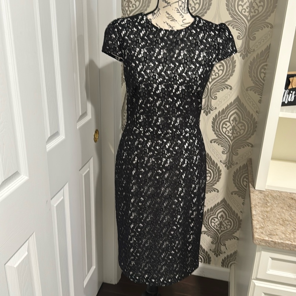 Betsey Johnson Black and Tan Sheath Midi Dress with Flutter Cap Sleeves